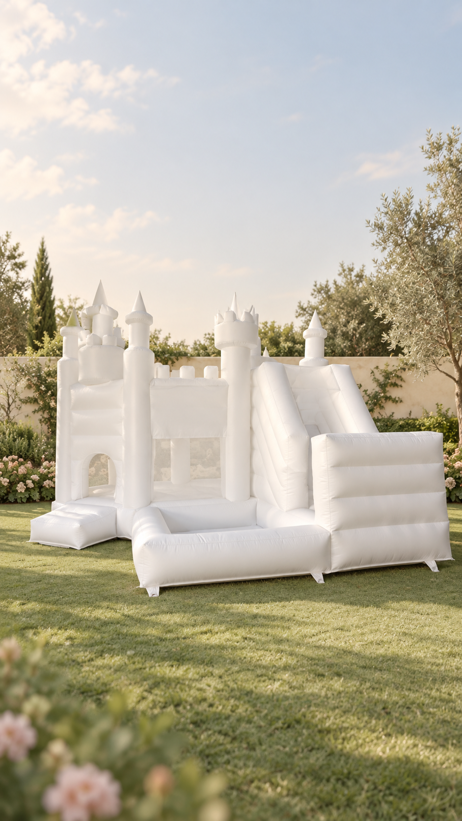 Castillo blanco en una escena de jardín
